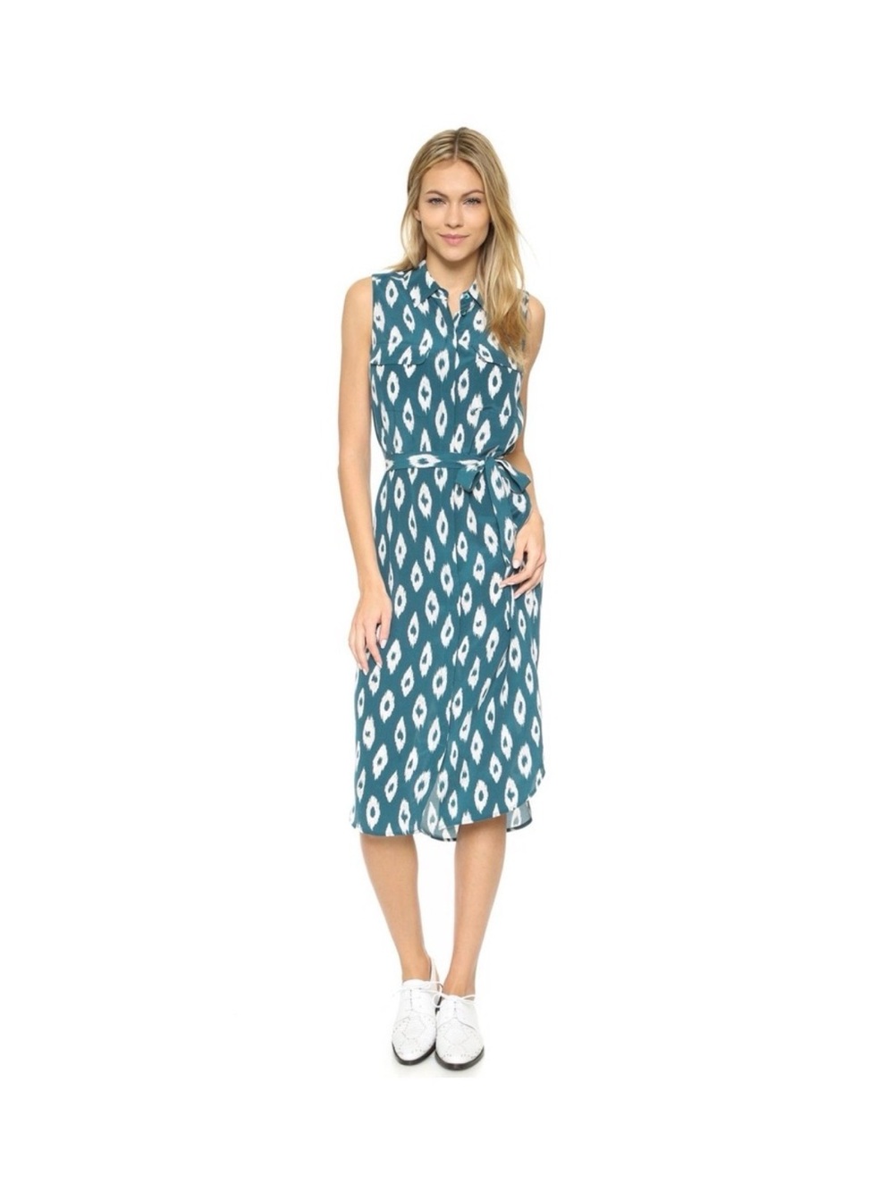 Equipment 100% silk Sleeveless Teal Ikat Print Shirt Dress with Tie Waist - Picture 1 of 4
